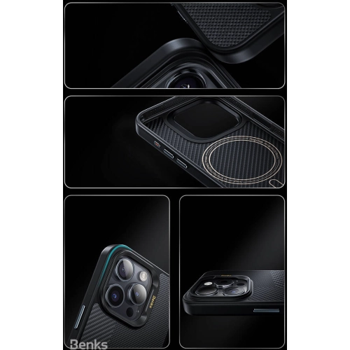 Apple iPhone 16 Pro Max (6.9) Kılıf Magsafe Şarj Özellikli Karbon Fiber Benks Montage Hybrid ArmorPro Kevlar Kapak - Siyah