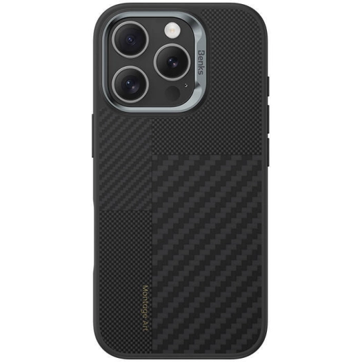 Apple iPhone 16 Pro Max (6.9) Kılıf Magsafe Şarj Özellikli Karbon Fiber Benks Montage Hybrid ArmorPro Kevlar Kapak - Siyah