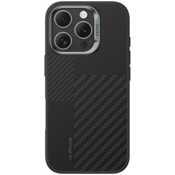 Apple iPhone 16 Pro Max (6.9) Kılıf Magsafe Şarj Özellikli Karbon Fiber Benks Montage Hybrid ArmorPro Kevlar Kapak - Siyah