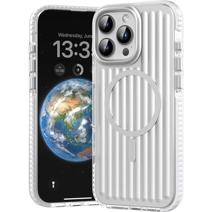 Apple iPhone 16 Pro Max (6.7) Kılıf Magsafe Şarj Özellikli Oyuklu Tasarım Mutural Bumpy Clear Kapak - Gümüş