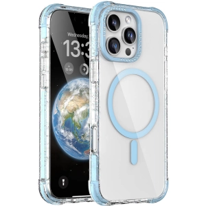 Apple iPhone 16 Pro Max (6.7) Kılıf Magsafe Şarj Özellikli Taşlı ve Simli Tasarım Mutural Blink Kapak - Mavi