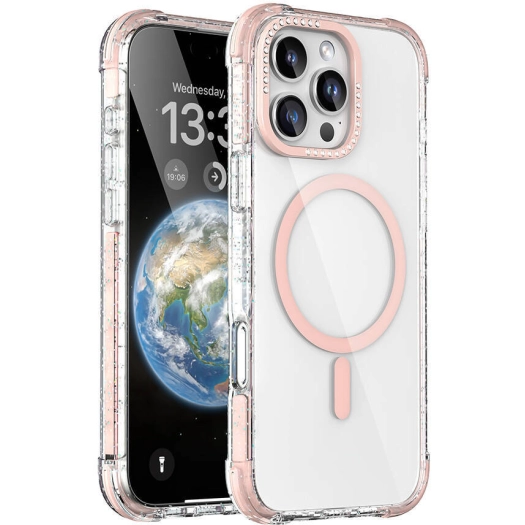 Apple iPhone 16 Pro Max (6.7) Kılıf Magsafe Şarj Özellikli Taşlı ve Simli Tasarım Mutural Blink Kapak - Pembe