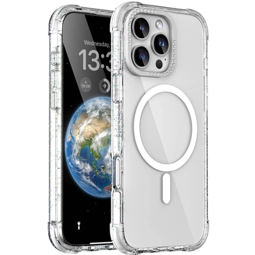 Apple iPhone 16 Pro Max (6.7) Kılıf Magsafe Şarj Özellikli Taşlı ve Simli Tasarım Mutural Blink Kapak - Şeffaf