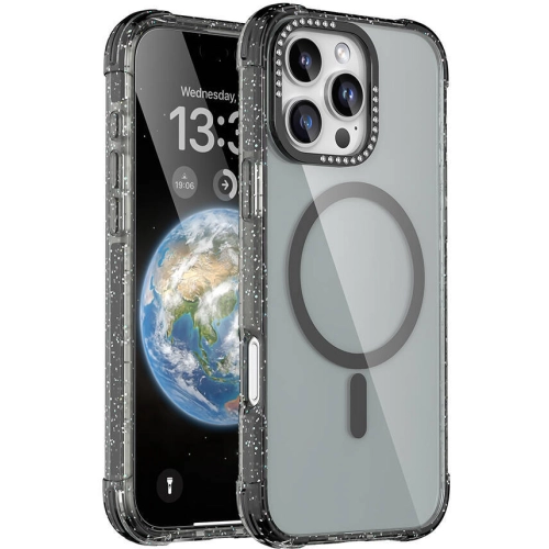 Apple iPhone 16 Pro Max (6.7) Kılıf Magsafe Şarj Özellikli Taşlı ve Simli Tasarım Mutural Blink Kapak - Siyah