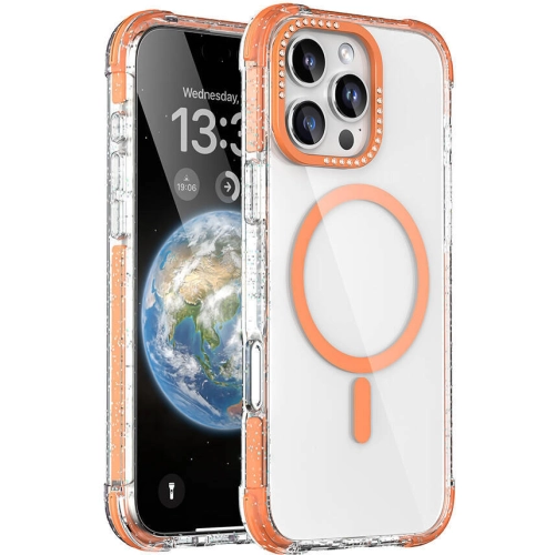 Apple iPhone 16 Pro Max (6.7) Kılıf Magsafe Şarj Özellikli Taşlı ve Simli Tasarım Mutural Blink Kapak - Turuncu