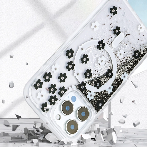 Apple iPhone 16 Pro Max (6.9) Kılıf Sıvılı Simli Baskılı Şeffaf Arka Yüzey Zore Mossa Silikon Kapak - Gold