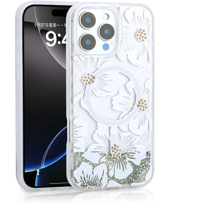 Apple iPhone 16 Pro Max (6.9) Kılıf Sıvılı Simli Baskılı Şeffaf Arka Yüzey Zore Mossa Silikon Kapak - Gri