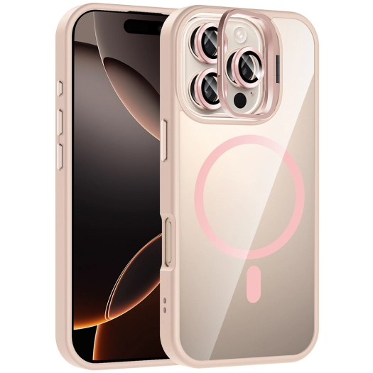 Apple iPhone 16 Pro Max (6.9) Kılıf Standlı ve Kamera Lens Hediyeli M-Safe Şarj Özellikli Etro Kapak - Pembe