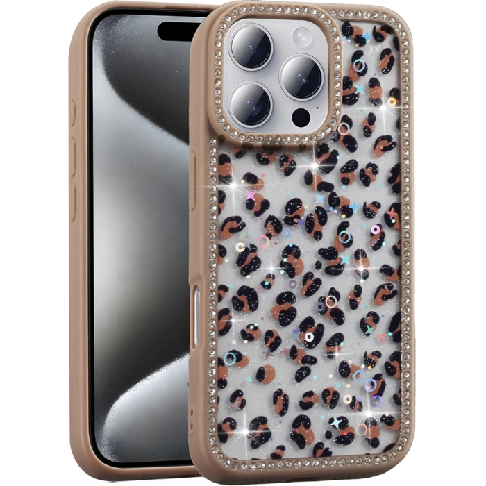 Apple iPhone 16 Pro Max (6.9) Kılıf Taşlı ve Simli Tasarım Lux Işıltılı Azra Kapak - Gold