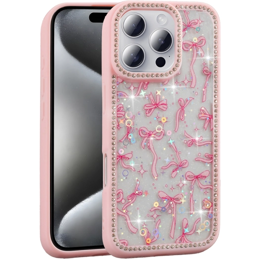 Apple iPhone 16 Pro Max (6.9) Kılıf Taşlı ve Simli Tasarım Lux Işıltılı Azra Kapak - Pembe