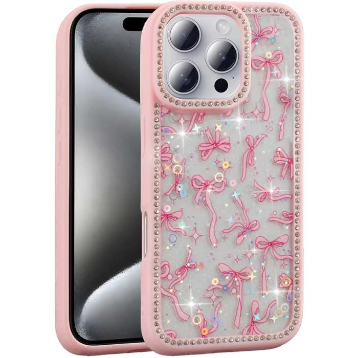 Apple iPhone 16 Pro Max (6.9) Kılıf Taşlı ve Simli Tasarım Lux Işıltılı Azra Kapak - Pembe