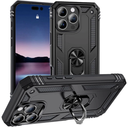 Apple iPhone 16 Pro Max (6.9) Kılıf Silikon Zırhlı Standlı Yüzüklü Mıknatıslı Tank Kapak - Siyah