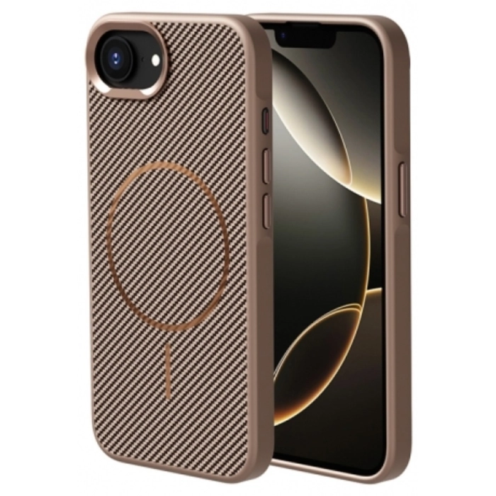 Apple iPhone 16e Kılıf Magsafe Şarj Özellikli Karbon Fiber Görünümlü TPU Zore Troy Kapak - Gold