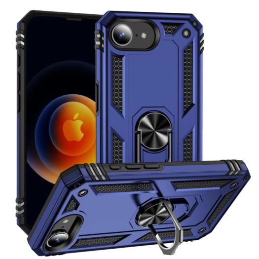 Apple iPhone 16e Kılıf Silikon Zırhlı Standlı Yüzüklü Mıknatıslı Tank Kapak - Mavi