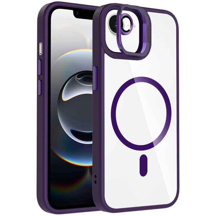 Apple iPhone 16e Kılıf Standlı ve Kamera Lens Hediyeli M-Safe Şarj Özellikli Etro Kapak - Derin Mor