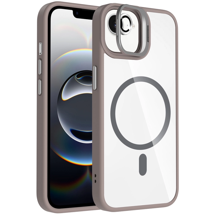 Apple iPhone 16e Kılıf Standlı ve Kamera Lens Hediyeli M-Safe Şarj Özellikli Etro Kapak - Gri