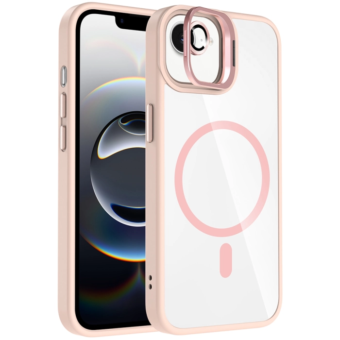 Apple iPhone 16e Kılıf Standlı ve Kamera Lens Hediyeli M-Safe Şarj Özellikli Etro Kapak - Pembe