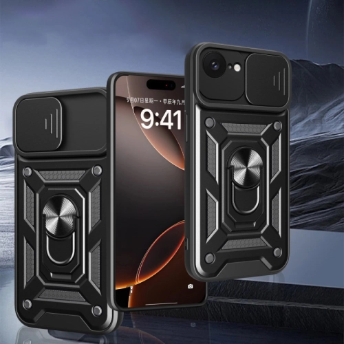 Apple iPhone 16e Kılıf Zırhlı Standlı Silikon Sürgülü Kamera Korumalı Tank Kapak - Siyah