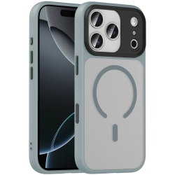 Apple iPhone 17 Pro Kılıf Mat Arka Yüzey Wireless Şarj Özellikli Flet Magsafe Kapak - Gri