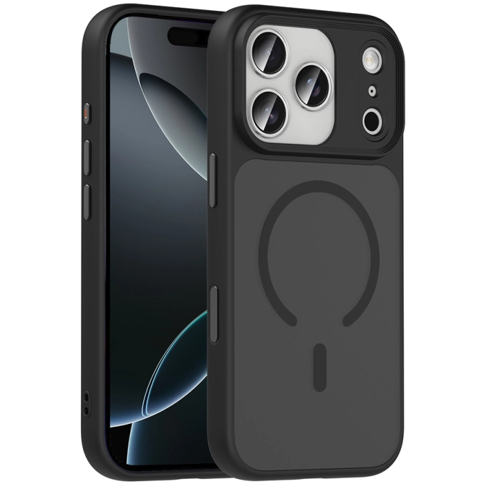 Apple iPhone 17 Pro Kılıf Mat Arka Yüzey Wireless Şarj Özellikli Flet Magsafe Kapak - Siyah