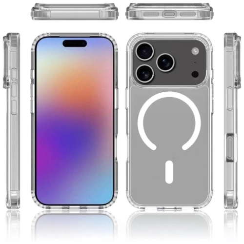 Apple iPhone 17 Pro Max Kılıf Magsafe Şarj Özellikli Şeffaf Sert PC Embos Kapak - Şeffaf