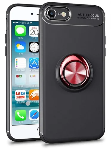 Apple iPhone 6 Plus Kılıf Auto Focus Serisi Soft Premium Standlı Yüzüklü Kapak - Kırmızı - Siyah