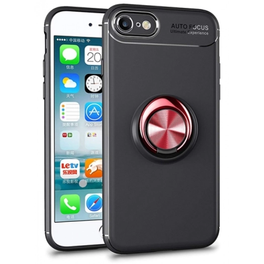 Apple iPhone 6 Plus / 6s Plus Kılıf Renkli Silikon Yüzüklü Standlı Auto Focus Ravel Kapak - Kırmızı - Siyah