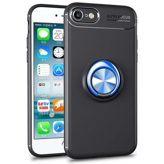 Apple iPhone 6 Plus / 6s Plus Kılıf Renkli Silikon Yüzüklü Standlı Auto Focus Ravel Kapak - Mavi - Siyah