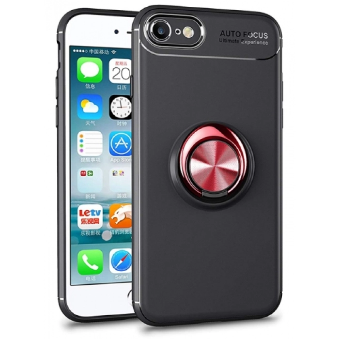 Apple iPhone 6s / 6 Kılıf Renkli Silikon Yüzüklü Standlı Auto Focus Ravel Kapak - Kırmızı - Siyah