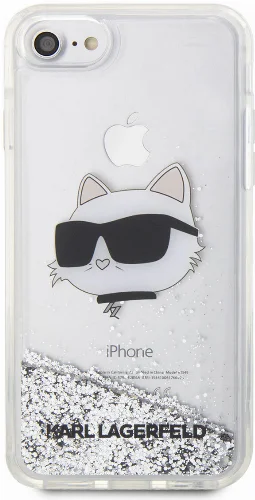 Apple iPhone 7 Kılıf Karl Lagerfeld Sıvılı Simli Choupette Head Dizayn Kapak - Gümüş