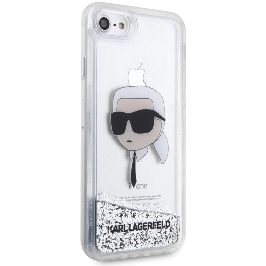 Apple iPhone 7 Kılıf Karl Lagerfeld Sıvılı Simli Karl Head Dizayn Kapak - Gümüş