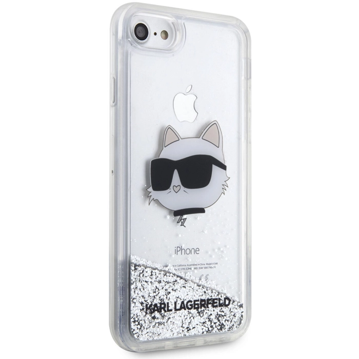Apple iPhone 8 Kılıf Karl Lagerfeld Sıvılı Simli Choupette Head Dizayn Kapak - Gümüş