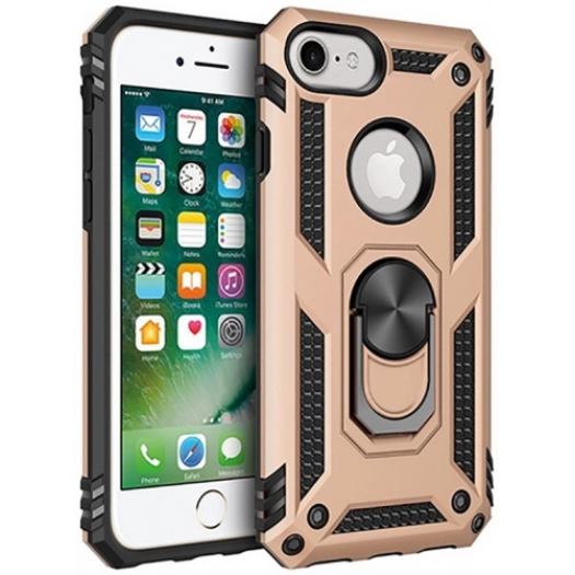 Apple iPhone 8 Kılıf Silikon Zırhlı Standlı Yüzüklü Mıknatıslı Tank Kapak - Gold