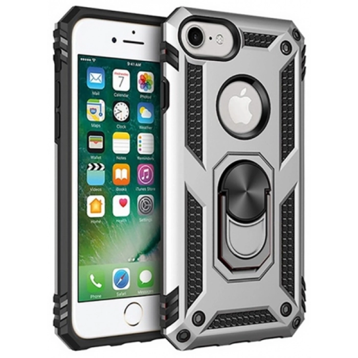 Apple iPhone 8 Kılıf Silikon Zırhlı Standlı Yüzüklü Mıknatıslı Tank Kapak - Gri