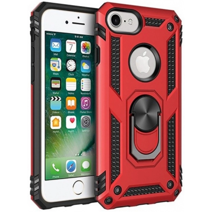 Apple iPhone 8 Kılıf Silikon Zırhlı Standlı Yüzüklü Mıknatıslı Tank Kapak - Kırmızı