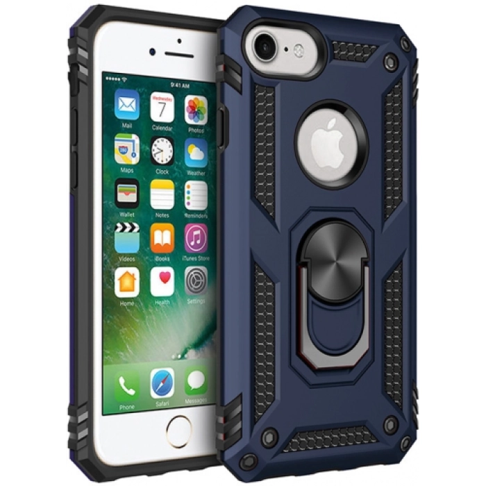 Apple iPhone 8 Kılıf Silikon Zırhlı Standlı Yüzüklü Mıknatıslı Tank Kapak - Lacivert