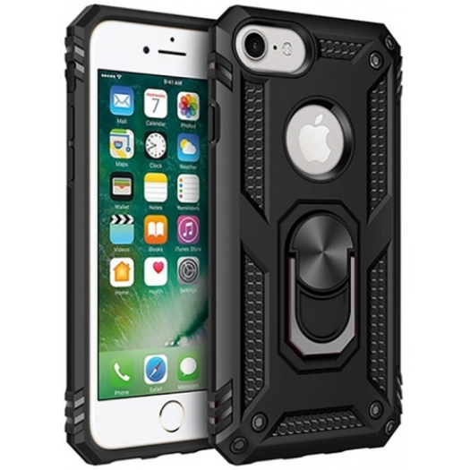 Apple iPhone 8 Kılıf Silikon Zırhlı Standlı Yüzüklü Mıknatıslı Tank Kapak - Siyah
