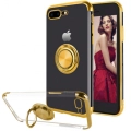Apple iPhone 8 Plus Kılıf Renkli Köşeli Yüzüklü Standlı Lazer Şeffaf Esnek Silikon - Gold