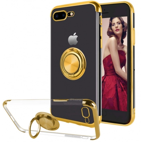 Apple iPhone 8 Plus Kılıf Renkli Köşeli Yüzüklü Standlı Lazer Şeffaf Esnek Silikon - Gold