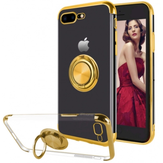 Apple iPhone 8 Plus Kılıf Renkli Köşeli Yüzüklü Standlı Lazer Şeffaf Esnek Silikon - Gold