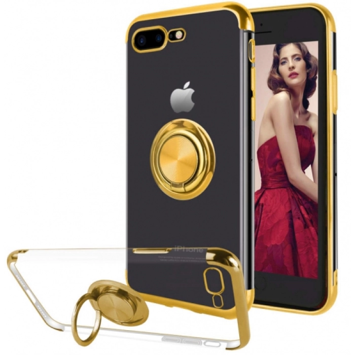 Apple iPhone 8 Plus Kılıf Renkli Köşeli Yüzüklü Standlı Lazer Şeffaf Esnek Silikon - Gold