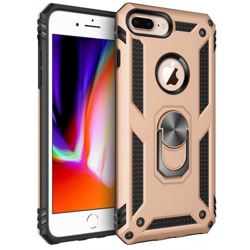 Apple iPhone 8 Plus Kılıf Silikon Zırhlı Standlı Yüzüklü Mıknatıslı Tank Kapak - Gold