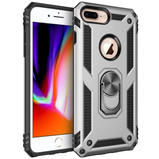 Apple iPhone 8 Plus Kılıf Silikon Zırhlı Standlı Yüzüklü Mıknatıslı Tank Kapak - Gri