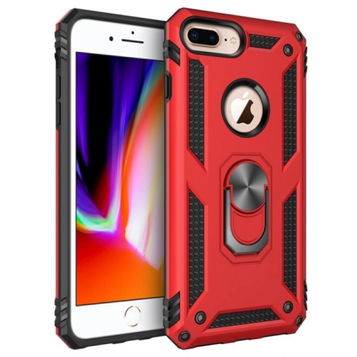 Apple iPhone 8 Plus Kılıf Silikon Zırhlı Standlı Yüzüklü Mıknatıslı Tank Kapak - Kırmızı