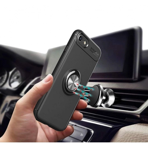 Apple iPhone SE 2 (2020) Kılıf Renkli Silikon Yüzüklü Standlı Auto Focus Ravel Kapak - Kırmızı - Siyah