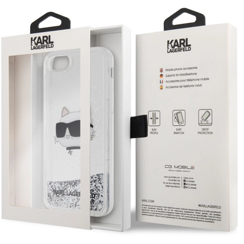 Apple iPhone SE 2022 Kılıf Karl Lagerfeld Sıvılı Simli Choupette Head Dizayn Kapak - Gümüş