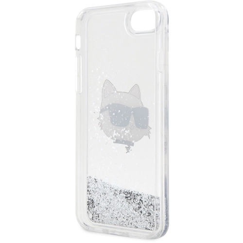 Apple iPhone SE 2022 Kılıf Karl Lagerfeld Sıvılı Simli Choupette Head Dizayn Kapak - Gümüş