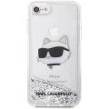Apple iPhone SE 2022 Kılıf Karl Lagerfeld Sıvılı Simli Choupette Head Dizayn Kapak - Gümüş