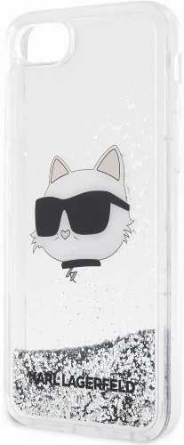 Apple iPhone SE 2022 Kılıf Karl Lagerfeld Sıvılı Simli Choupette Head Dizayn Kapak - Gümüş
