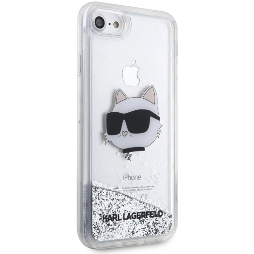 Apple iPhone SE 2022 Kılıf Karl Lagerfeld Sıvılı Simli Choupette Head Dizayn Kapak - Gümüş